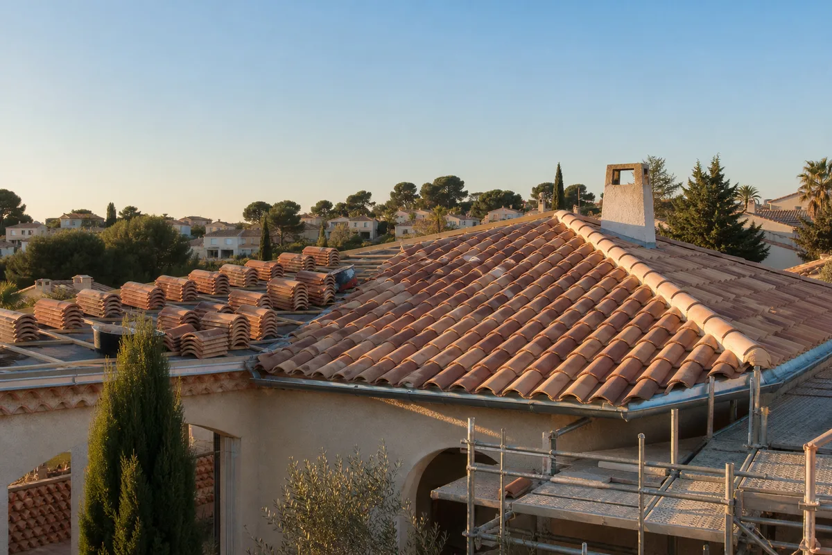 Toiture en tuiles canal en cours de rénovation sur une maison de la région de Montpellier