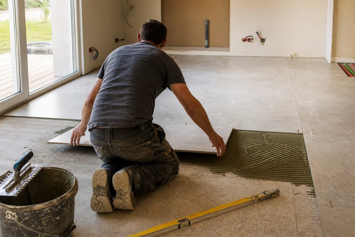Carreleur posant du grès cérame grand format sur un sol intérieur en rénovation