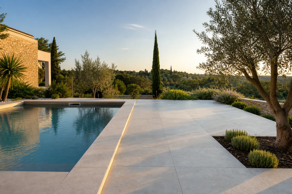 Terrasse extérieure carrelée au bord d&rsquo;une piscine sous la lumière chaude du Languedoc