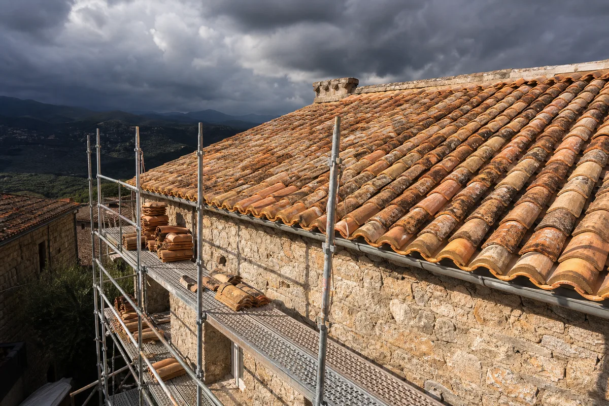 Toiture en tuiles canal du Languedoc et échafaudage de couvreur adossé à une façade en pierre sous un ciel chargé