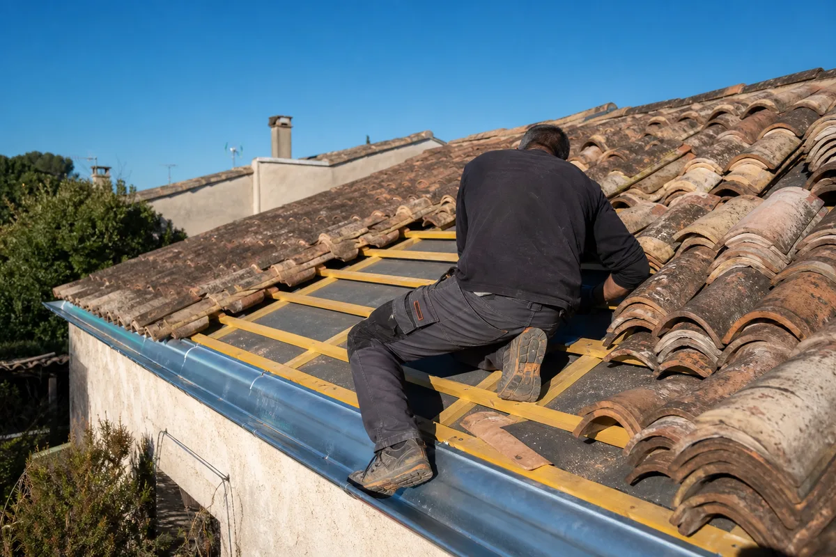 Toiture en tuiles canal en cours de réfection sur une villa de l’Hérault