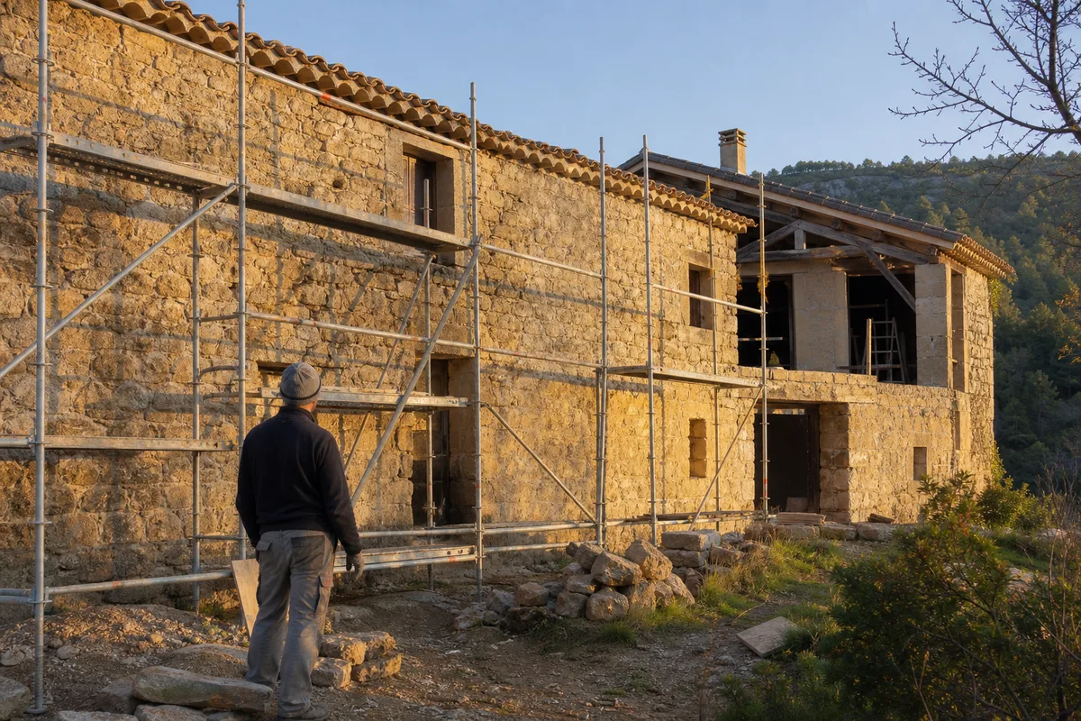 Chantier de rénovation d’un mas en pierre dans l’arrière-pays héraultais, échafaudage devant une toiture en tuiles canal