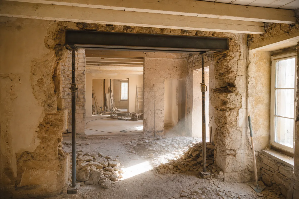 Ouverture de mur porteur avec poutre IPN et étais métalliques dans une maison en rénovation