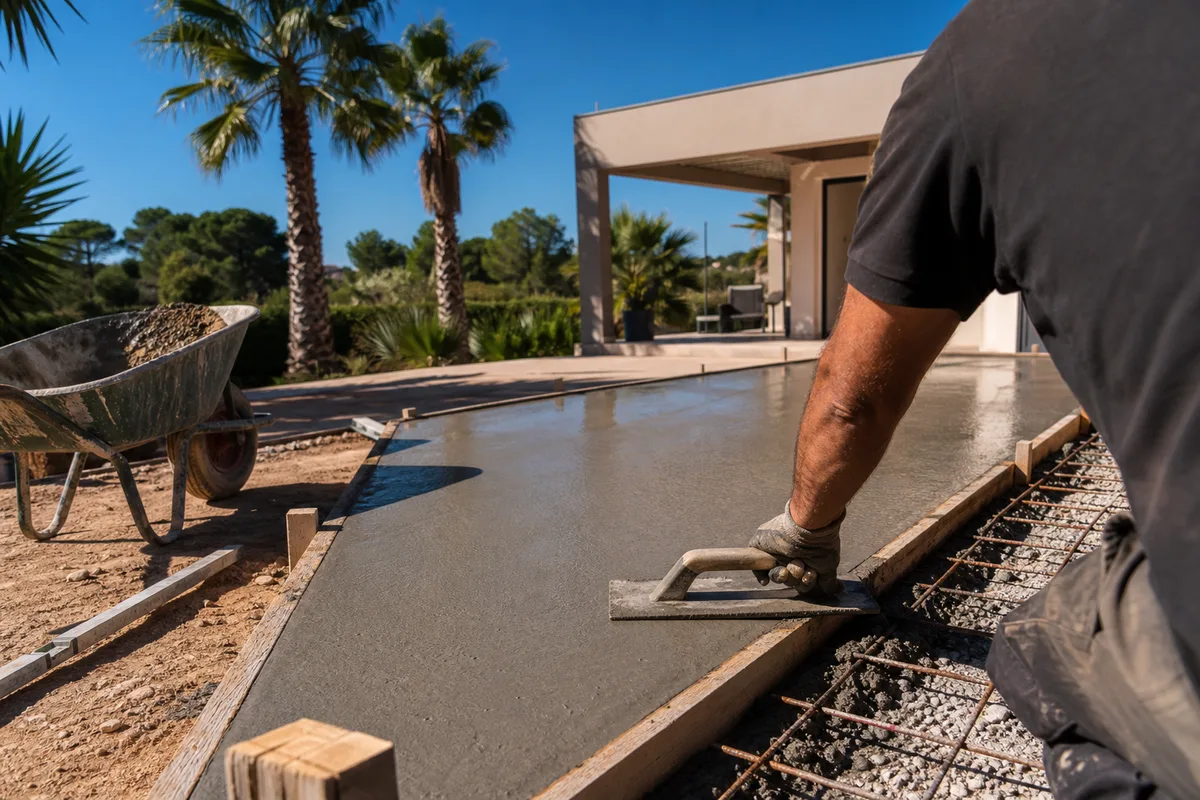 Coulage d’une dalle béton pour une terrasse devant une villa méditerranéenne