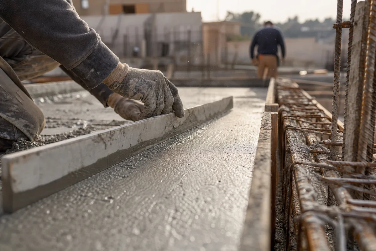 Maçon lissant une dalle béton fraîche sur un chantier de rénovation dans l’Hérault