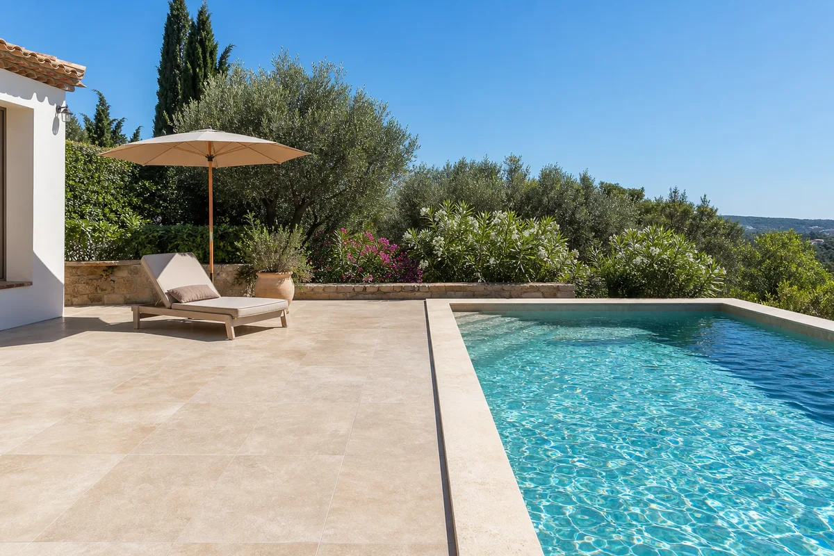 Terrasse en grès cérame au bord d’une piscine sous le soleil du Languedoc