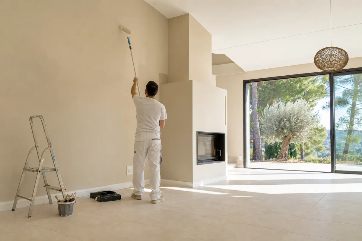 Grand séjour de villa neuve fraîchement repeint avec plafond haut et lumière du Languedoc