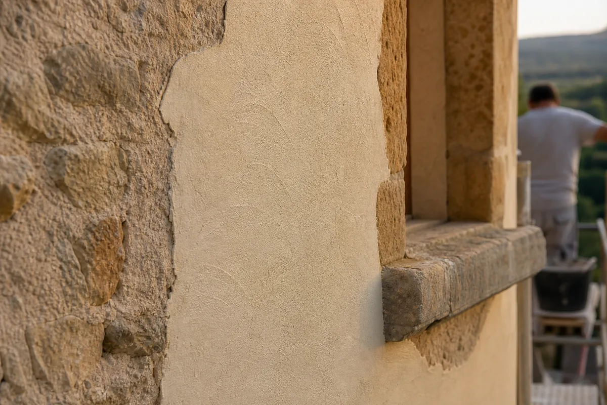 Application d’une peinture de façade claire au rouleau sur un mur enduit