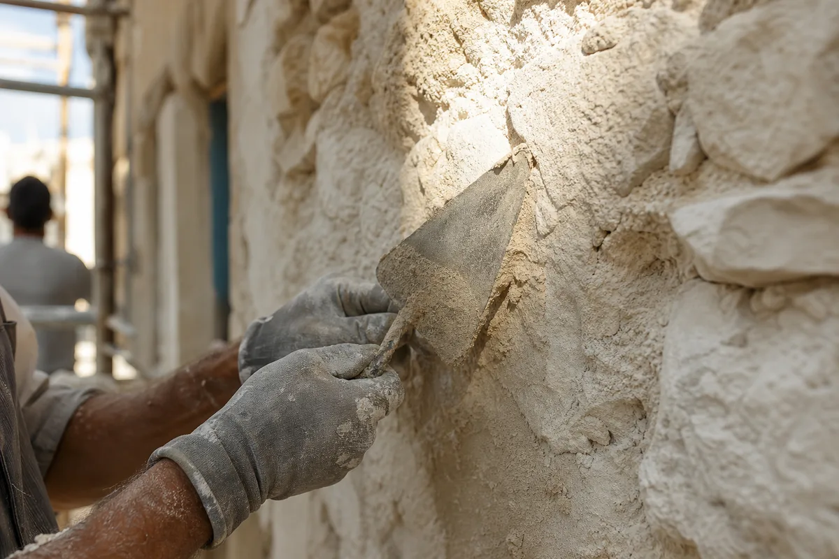 Façade en pierre d&rsquo;une maison de ville héraultaise en cours de ravalement, échafaudage et enduit à la chaux sous lumière chaude