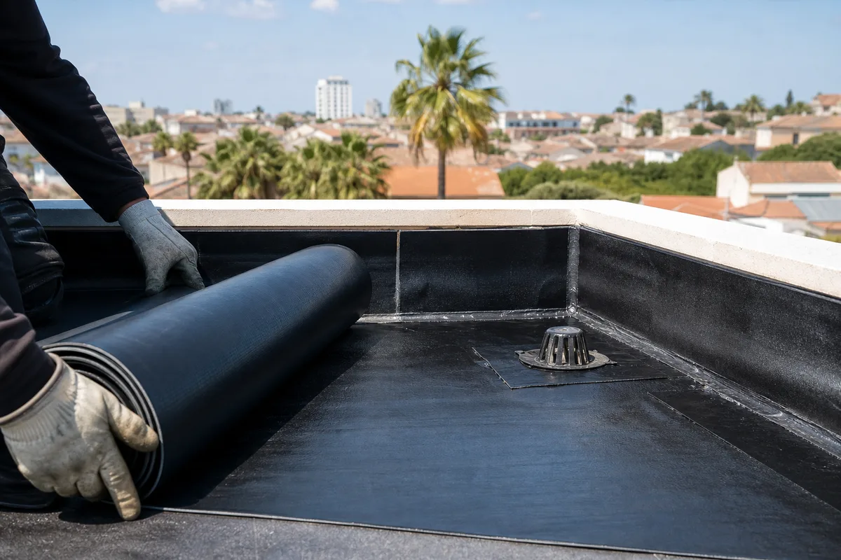 Toiture-terrasse méditerranéenne en cours d’étanchéité dans un quartier récent de Montpellier