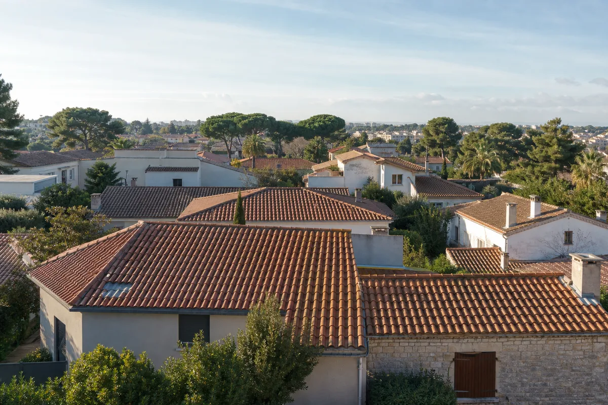Toitures en tuiles canal d’un quartier résidentiel de la métropole de Montpellier